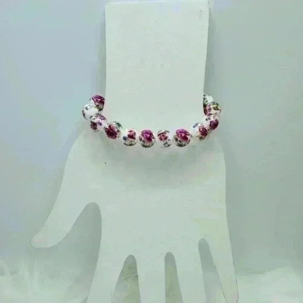 Chinese-Style Ceramic Purple Floral Beads Stretch Bracelet - Picture 6 of 6